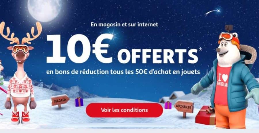 10€ par tranche de 50€ d’achat rayon jouet Auchan (en ligne ou mag) jusqu’à ce soir