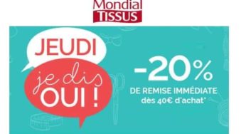 Aujourd’hui : 20% sur Mondial Tissus dès 40€ d’achats (en ligne ou magasin)