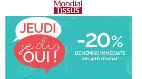 20% sur Mondial Tissus dès 40€ d’achats 