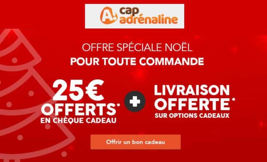 Chèque cadeau Cap Adrénaline : 1 chèque cadeau 25€ offert pour toute commande d’un bon cadeau