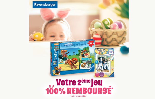 1 article ravensburger acheté (jeux, puzzles, loisirs créatif) = le second 100% remboursé