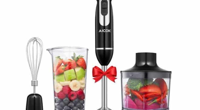 26,99€ mixeur plongeant multifonction Aicok 5 vitesses 4 en 1 hache, mixe, fouette et blender