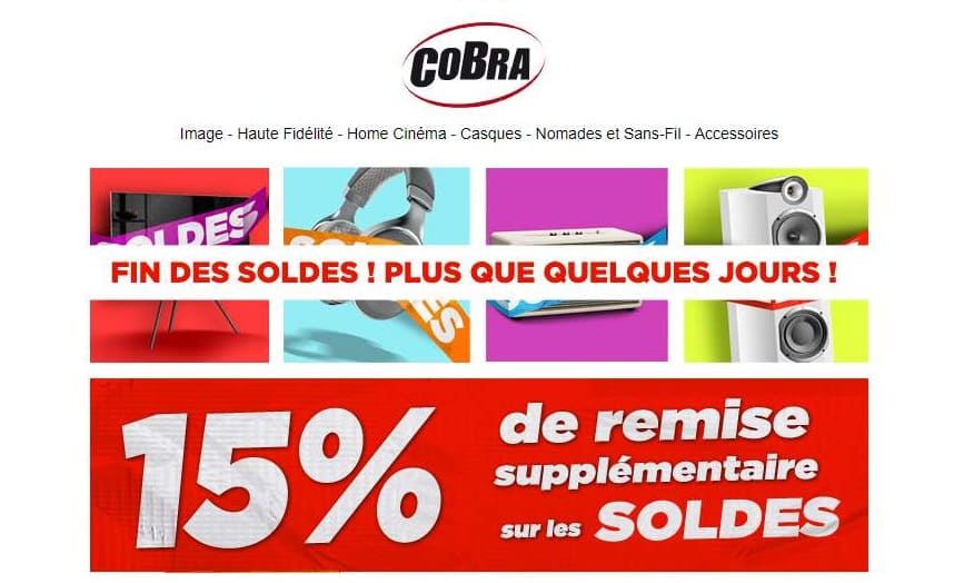 Fin des soldes Cobra (TV, Hi-fi, Home Cinéma) : +15% supplémentaire