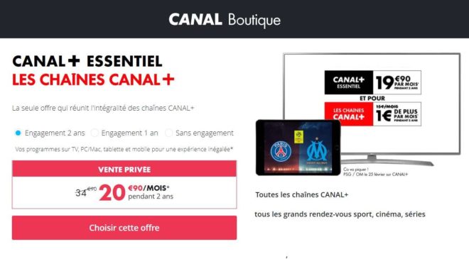 Vente Privée Canal Plus 20,9€ mois Canal+ Essentiel + les chaînes Canal+