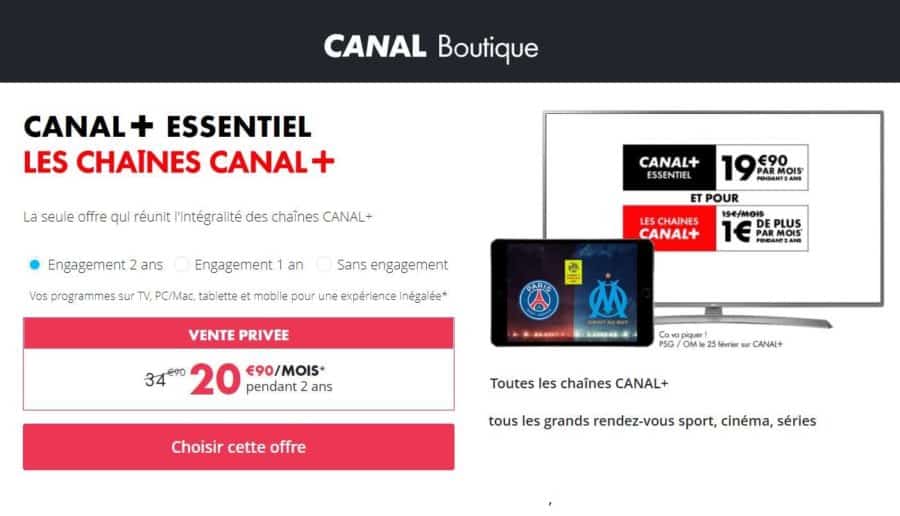 Vente Privée Canal Plus : 20,9€/mois Canal+ Essentiel + les chaînes Canal+ (pendant 2 ans) au lieu de 34,9€