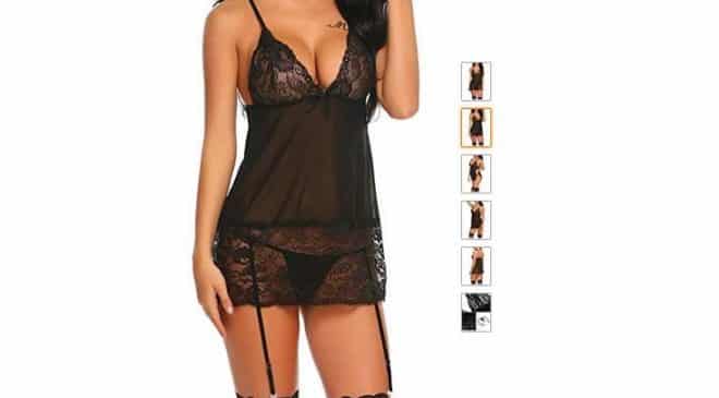 Ensemble nuisette dentelle + string avec jarretelles pas cher 