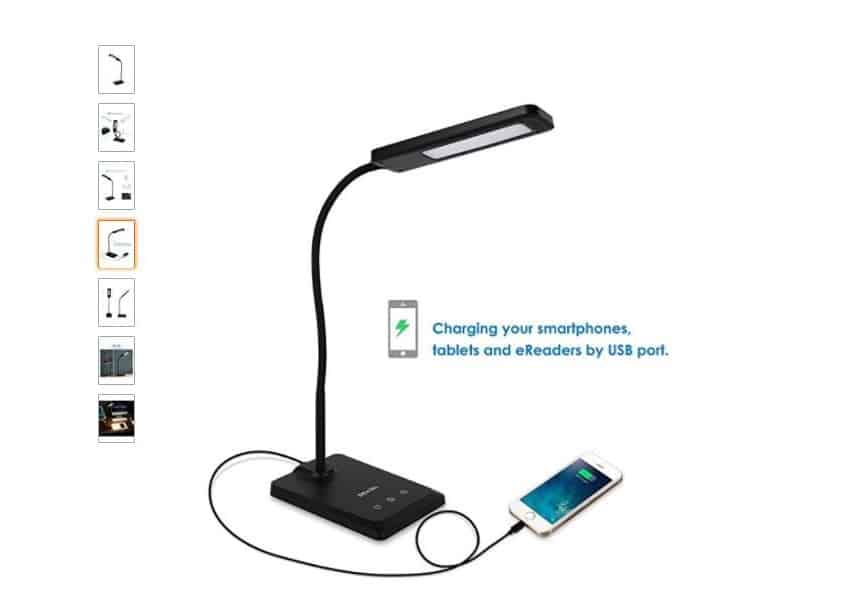 Contrôle Tactile Protection avec Port Chargeur USB pour Charger Smartphone Noir 3 Niveaux de Luminosité 5 Modes de Couleur avec Tête de Lamp Rotative et Réglable SunTop Lampe de Bureau LED 