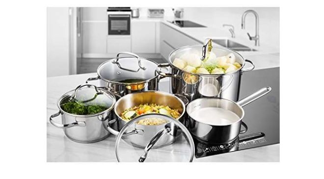 Bonne affaire batterie de cuisine Inox Deik 4 faitouts et 1 casseroles avec 4 couvercles en verres