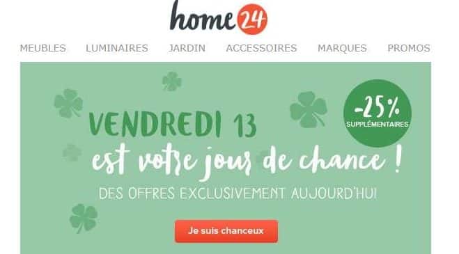 Offre vendredi 13 Home24 25% supplémentaire sur les articles déstockage