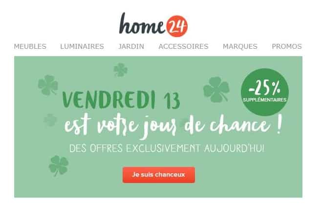 Offre vendredi 13 Home24 : 25% supplémentaire sur les articles grand déstockage (mobilier et déco)