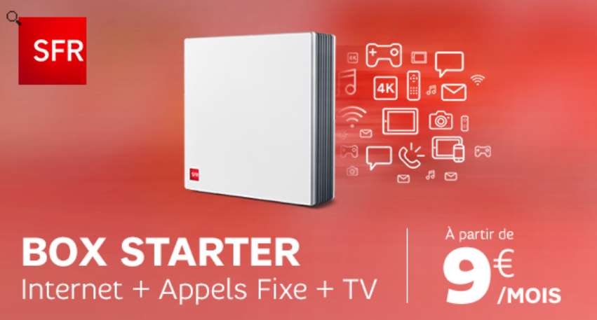 Box SFR Starter moins chère 9€ au lieu de 35€/mois (ADSL) ou 14€ THD&fibre (Internet + 160 chaines TV + appels illimités)