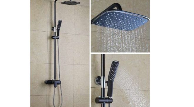 vente flash colonne de douche noir mat avec hauteur réglable Homelody