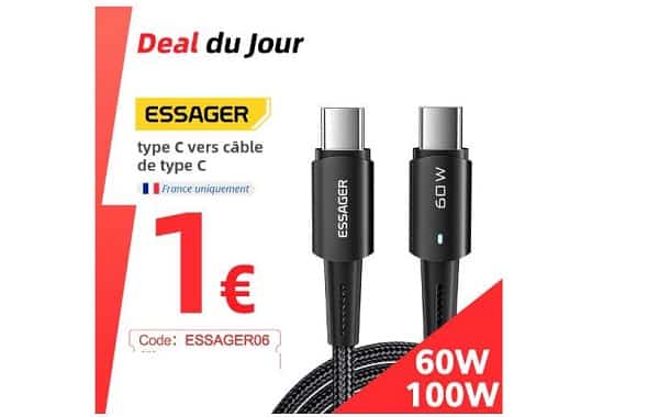 1€ le câble usb c vers usb c pd60w essager