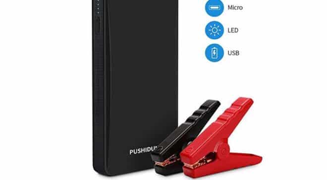 Démarreur de voiture de secours avec pinces, prise USB et lampe Pushidon