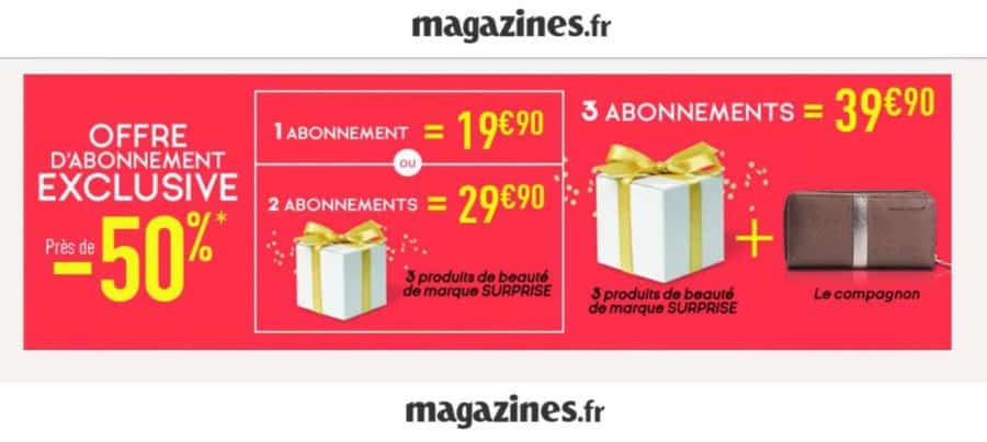 29,90€ abonnement 2 magazines au choix + cadeau beauté (valeur 65€)