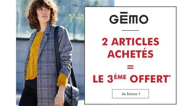 2 articles achetés sur Gémo = le troisième gratuit