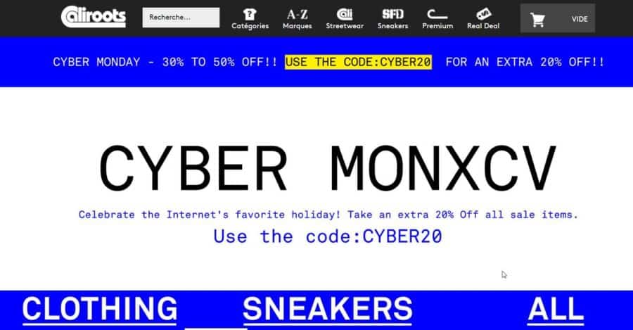 Cyber Monday Caliroots (streetwear) 20% supplémentaire sur les promotions