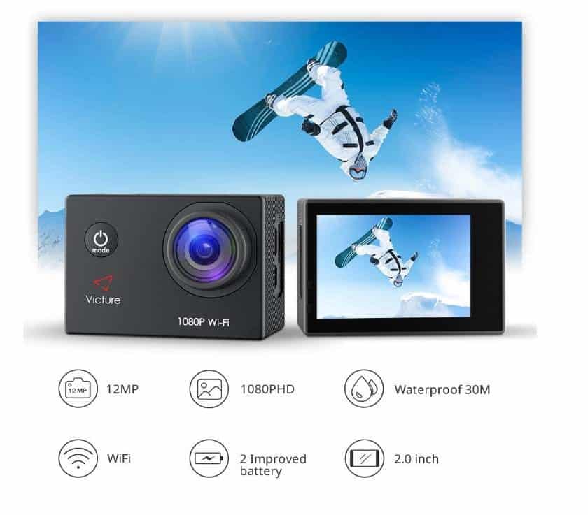 caméra sport Victure Wifi Full HD 1080p + 21 accessoires et 2 batteries