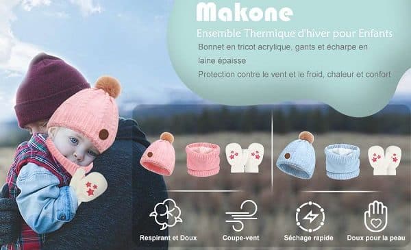 lot bonnet + gants + tour de cou doublure intérieure polaire enfant makone