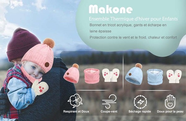 11,89€ le lot bonnet + gants + tour de cou doublure intérieure polaire enfant Makone