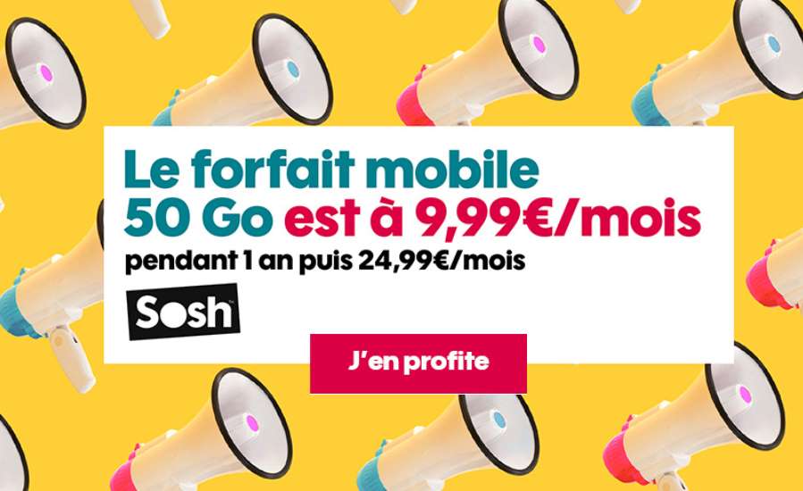 Vente Privée Forfait SOSH 50Go : 9,99€ avec Appels, SMS et MMS illimités France-Europe (pendant 1 an)