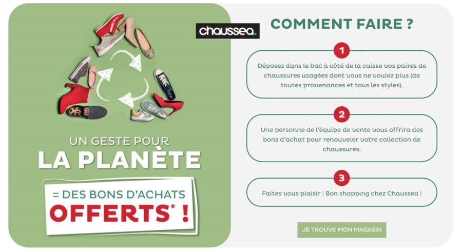 ♻️ Ramenez vos vieilles chaussures chez Chaussea vous obtiendrez un bon d’achat (de 6€ à 20€)