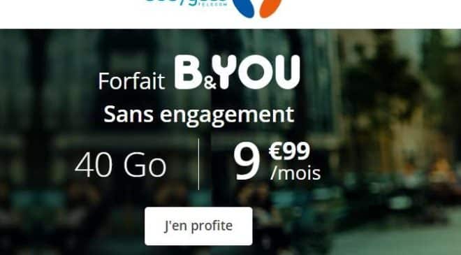 Abonnement 40Go B&YOU à 9,99€ (7 Go utilisables en Europe/DOM) – Sans engagement de durée