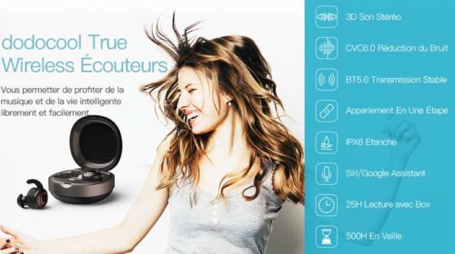 écouteurs Bluetooth sans fils dodocool Bluetooth 5.0, supporte Siri Google