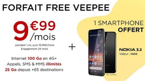 9,99€ forfait 100Go Free mobile et smartphone Nokia gratuit