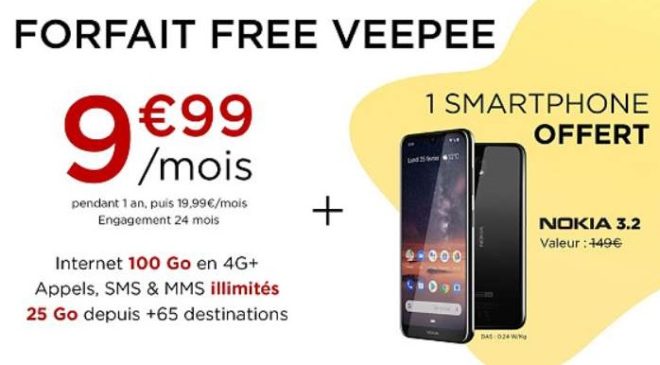 9,99€ forfait 100Go Free mobile et smartphone Nokia gratuit