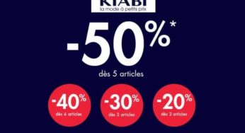 Vente Privée Kiabi : -50% dès 5 articles ou plus (4 art. = -40%, 3 art. = -30%, 2 art. = -20%)