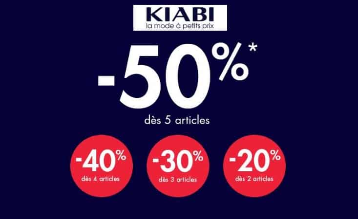 Vente Privée Kiabi : -50% dès 5 articles ou plus (4 art. = -40%, 3 art. = -30%, 2 art. = -20%)