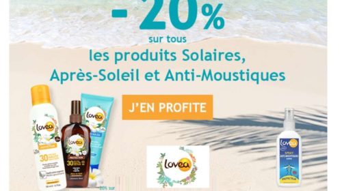 remise sur tous les produits solaires, après-solaire et antimoustique Lovea