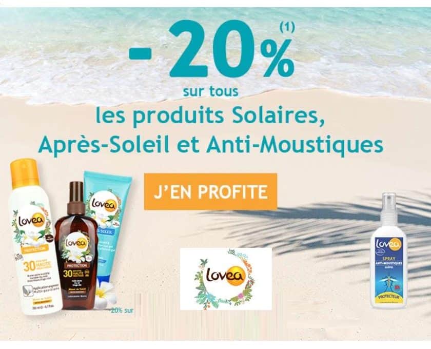 remise sur tous les produits solaires, après-solaire et antimoustique Lovea