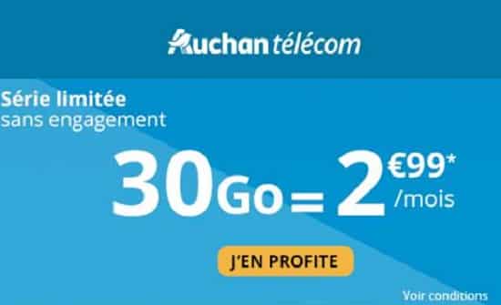 Vente Flash forfait 30Go Auchan Telecom à 2,99€ (Appels /SMS/MMS illimités) pendant 6 mois