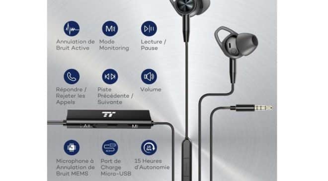 écouteurs aluminium avec micro, télécommande et puce diminution de bruit TaoTronics
