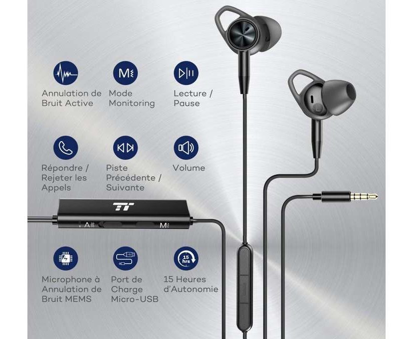 écouteurs aluminium avec micro, télécommande et puce diminution de bruit TaoTronics