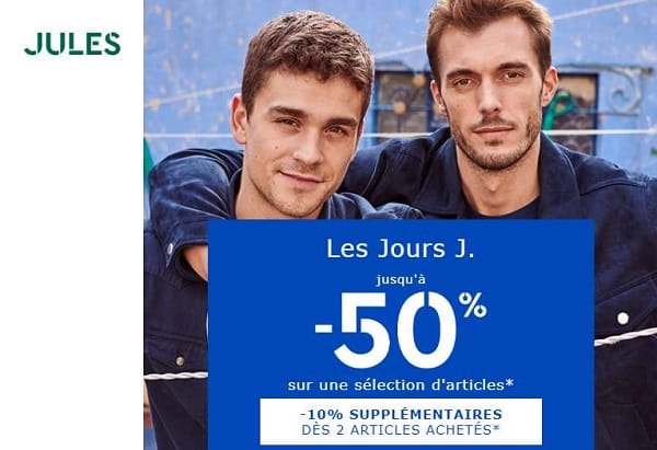 Jusqu’à 50% de remises pendant les jours Jules + livraison gratuite