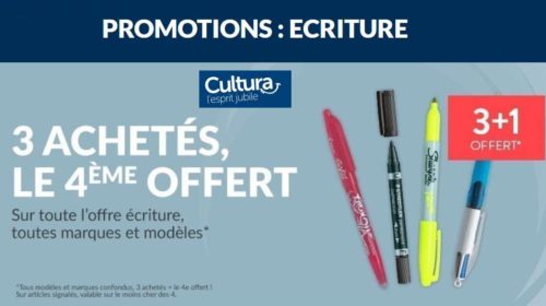 3 achetés = le quatrième offert sur tout le rayon écriture Cultura