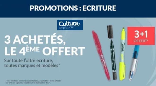 3 achetés = le quatrième offert sur tout le rayon écriture Cultura