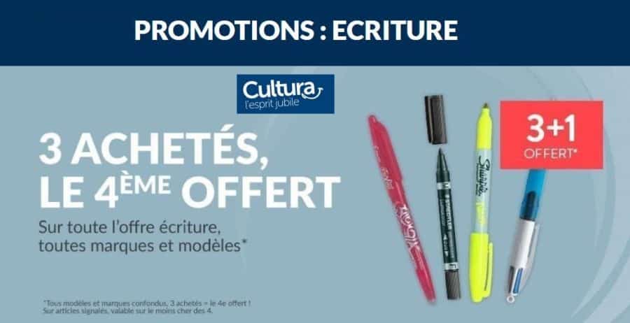 3 achetés = le quatrième offert sur tout le rayon écriture Cultura (stylo, crayon couleur, feutres…)