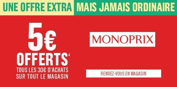 Coupon de réduction Monoprix : 5€ de remise tous les 30€ d’achats (en magasin Monoprix ou monop’)