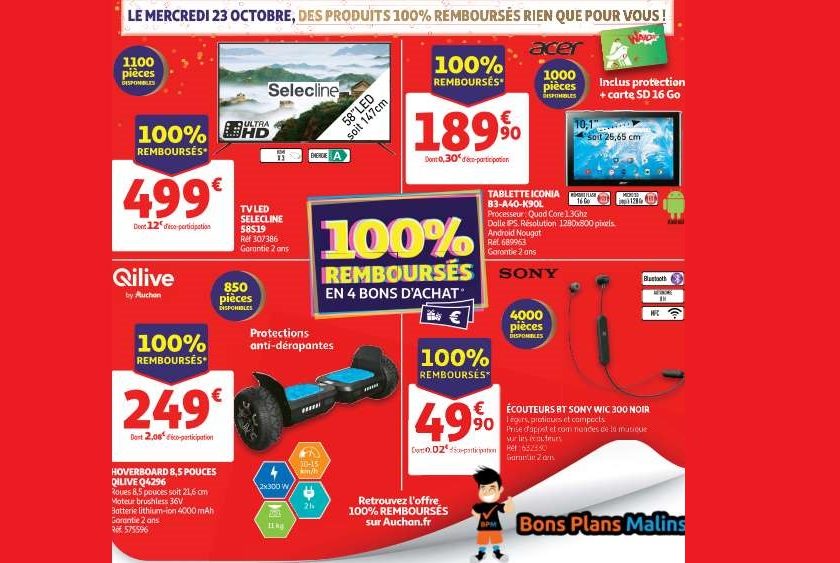 Mercredi 23 octobre 2019 4 articles High-tech 100% remboursés par Auchan