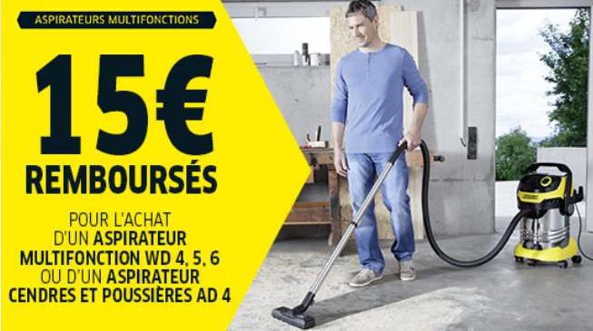 Offre de remboursement 15€ remboursés pour l'achat d'un aspirateur multifonction Karcher