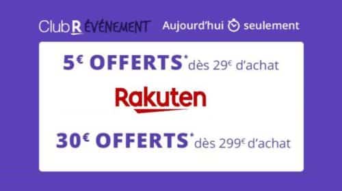 Remise de 5€ sur Rakuten à partir de 29€ ou 30€ à partir de 299€