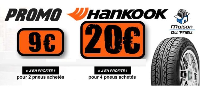 Réduction immédiate jusqu’à 20 € sur l’achat de pneus Hankook (2 pneus = 9€ / 4 pneus = 20€)
