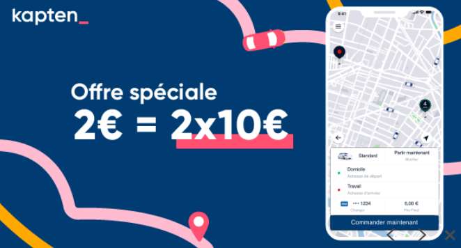 Vente privée bon d’achat Kapten (VTC) : -10€ sur les 2 premières courses (Paris, Lyon et Nice) pour 2€
