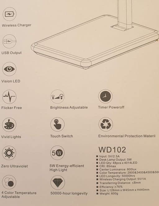 specifications lampe de bureau LED & chargeur QI  AGM