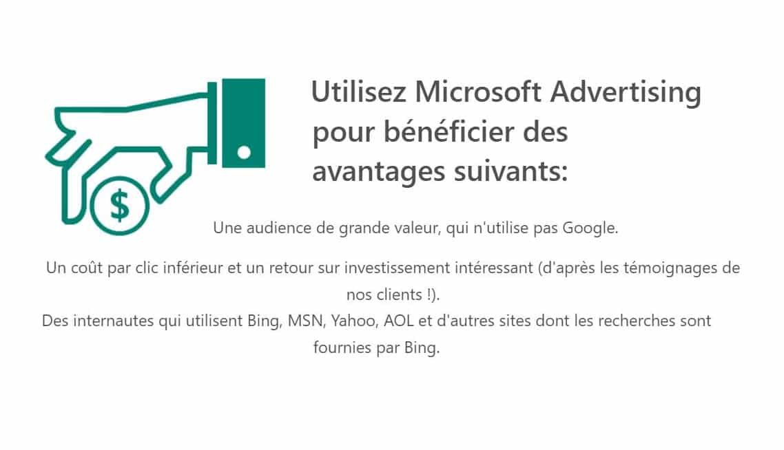 15€ de publicité Microsoft Advertising (Bing, MSN, Yahoo, AOL …) = 75€ offerts à utiliser sur vos campagnes de liens sponsorisés