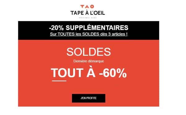 20% supplémentaire sur la dernière démarque soldes T.A.O (tout à -60%) dés 3 articles